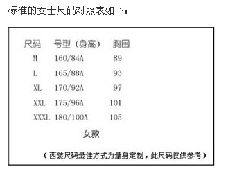 女士西服尺码对照表