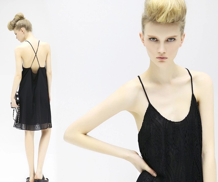 COCOBELLA 2014夏季新款欧美范蕾丝拼接双层雪纺吊带连衣裙