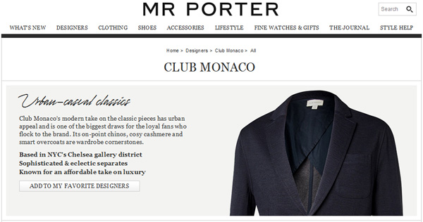 Club Monaco男装正式登陆Mr. Porter网站