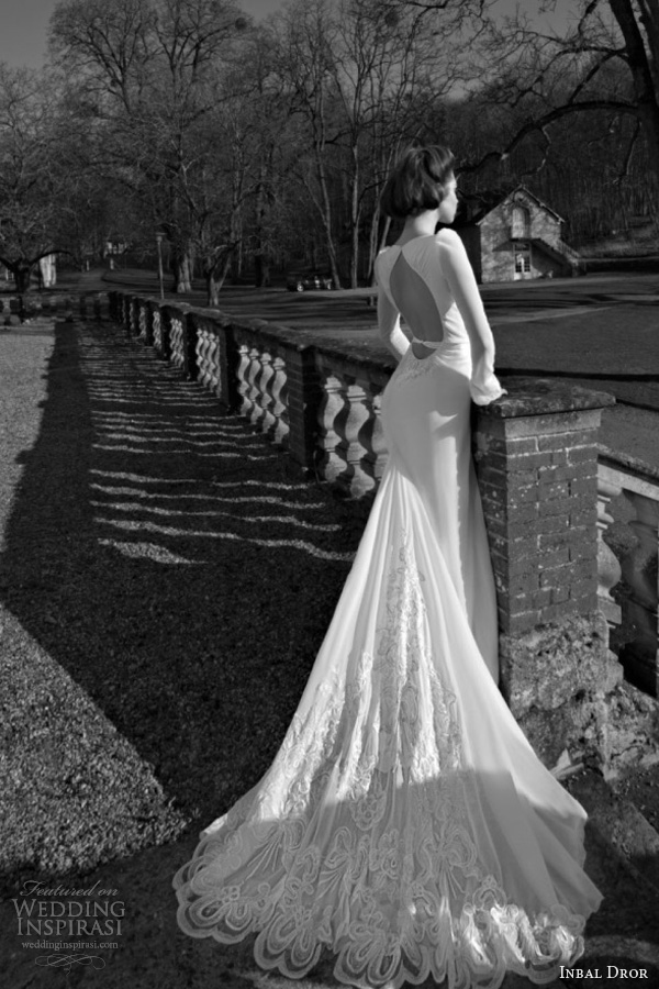 inbal dror 2013 2014 long sleeve wedding dress open back keyhole scalloped lace train