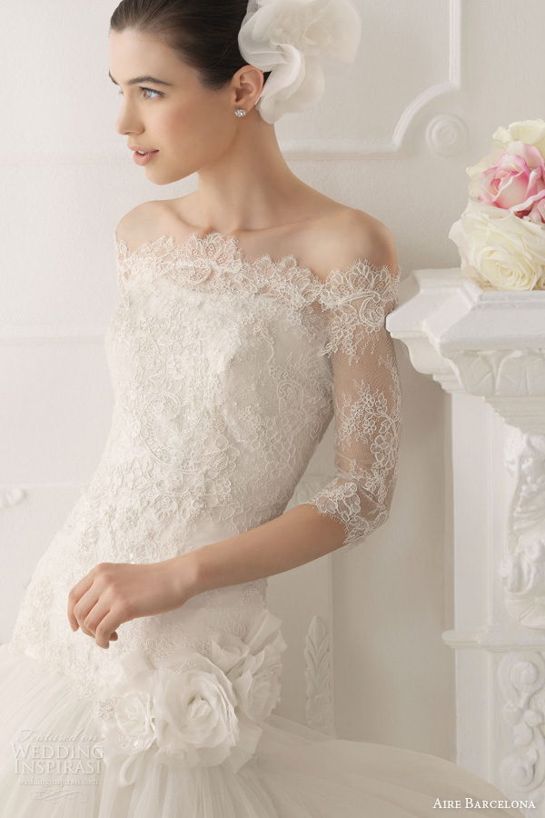 aire barcelona wedding dresses 2014 bridal omar strapless fit flare gown off shoulder lace sleeve jacket