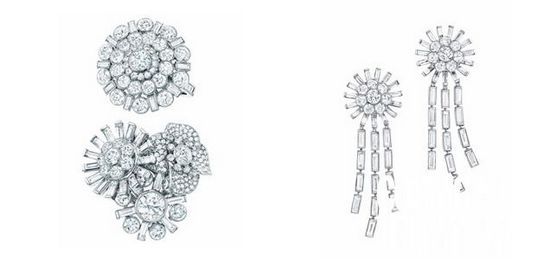 Tiffany&Co。蒂芙尼铂金镶长方形和圆形明亮钻石花朵造型戒指、耳饰