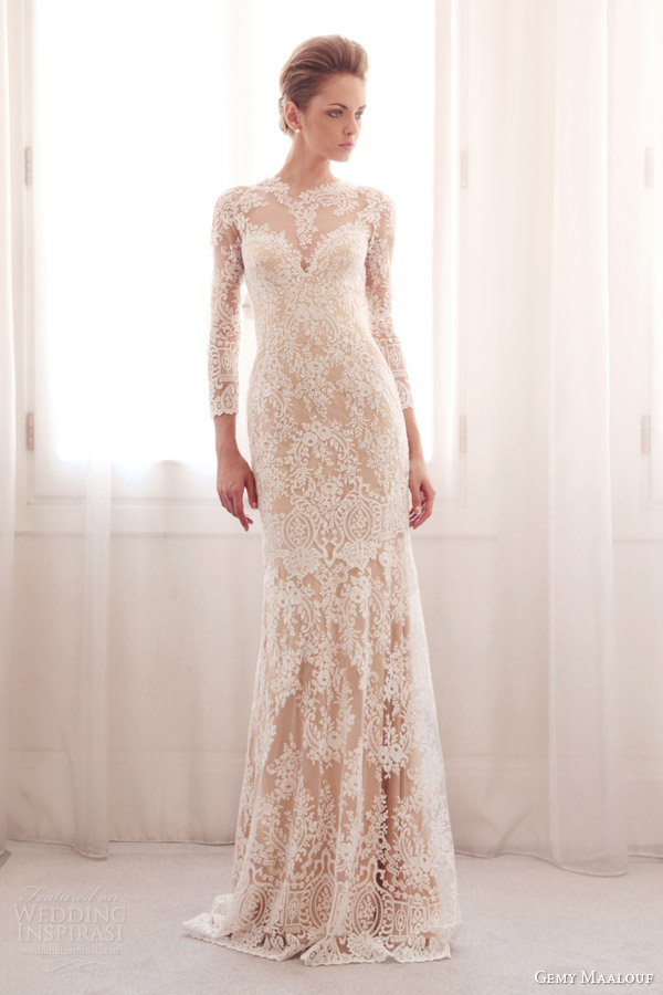 gemy maalouf bridal 2014 long sleeve lace wedding dress colored base 3744
