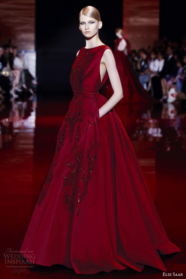 elie saab fall 2013 2014 couture sleeveless red ball gown