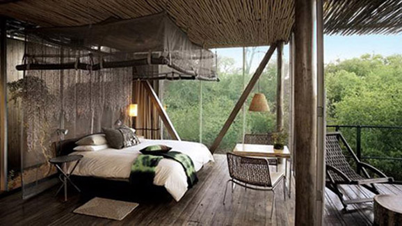 当你入住这里时，你既可以平视苍翠的树梢，也可以俯瞰清澈的河畔。位于南非克鲁格国家公园中的Lebombo Lodge 属于七星级酒店，人们可以从玻璃墙组成的房间里俯瞰大大小小的平原。