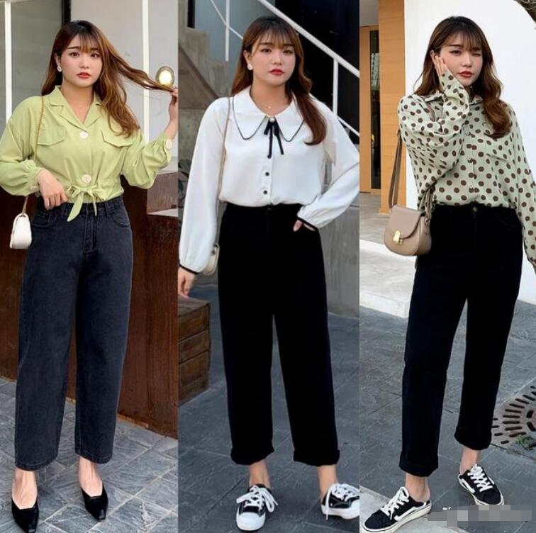 黑色牛仔裤 波点衬衣