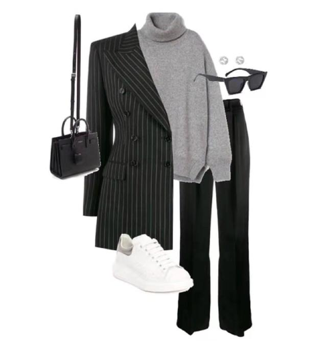 灰色高领毛衣+西装+黑色西裤+小白鞋