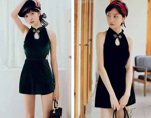 丝绒古风旗袍式泳衣