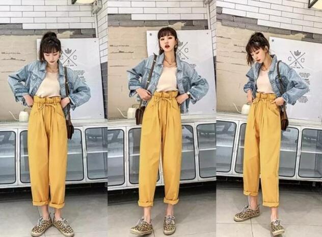 黄色花苞裤 豹纹平底鞋