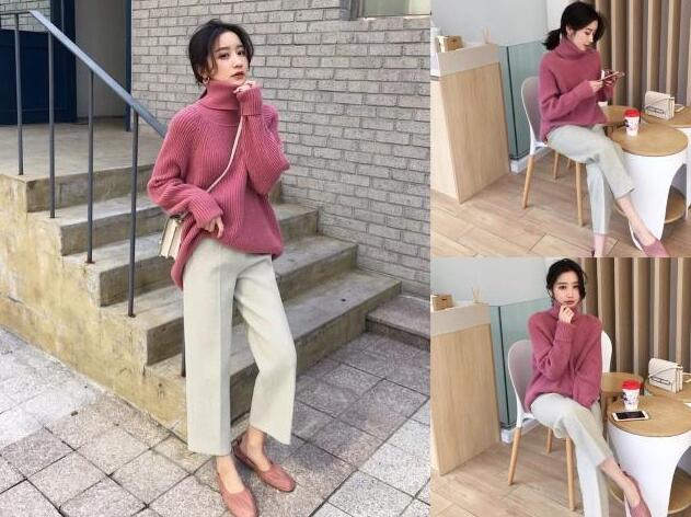 宽松毛衣 米色休闲裤