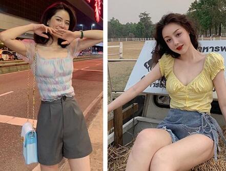 黄色短款上衣 不规则牛仔半裙