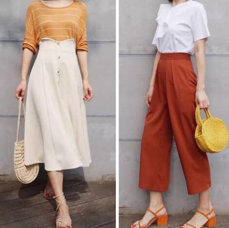 T恤 高腰半裙 阔腿裤