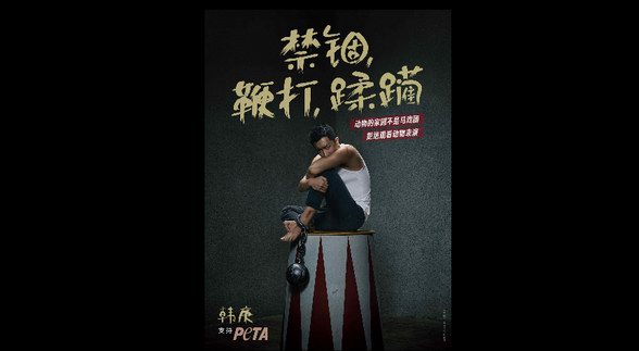 韩庚公益广告震撼眼球   脚锁镣铐被“囚”马戏团