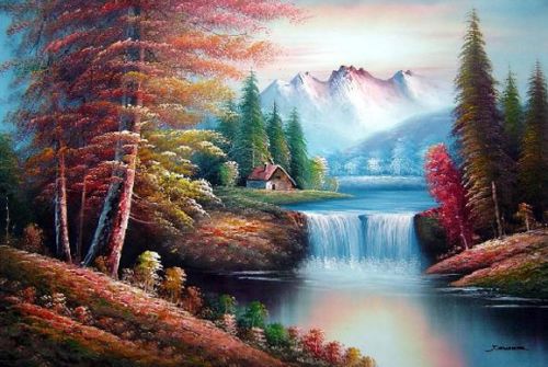 Oil Painting（油画作品） Small Water Fall in Golden Autumn