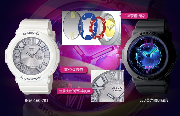 BGA-160霓虹炫彩系列手表,Baby-G新款时装腕表