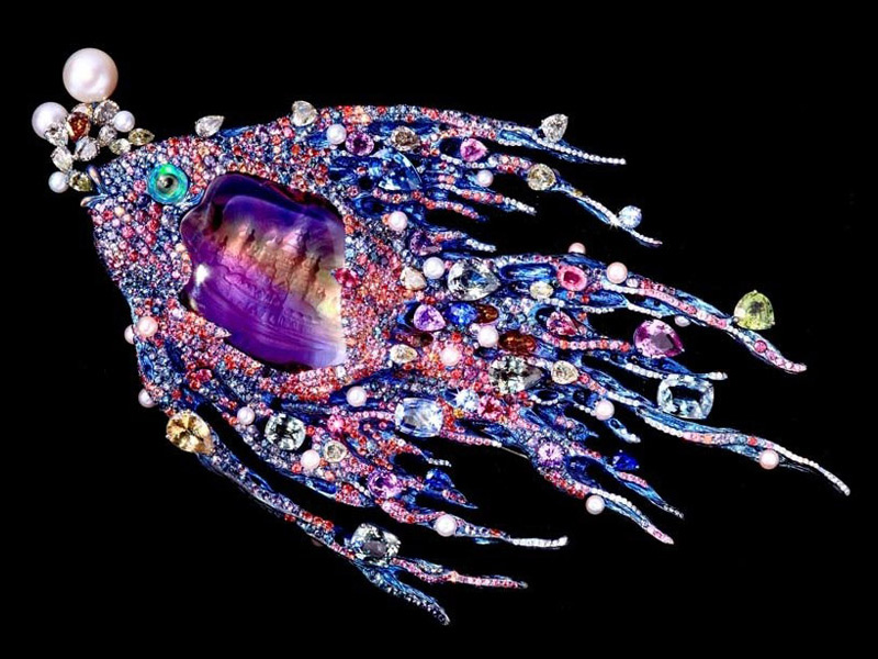 鱼儿的梦胸针，紫黄晶87.35克拉、彩钻、彩蓝宝、珍珠、贝母、蛋白石